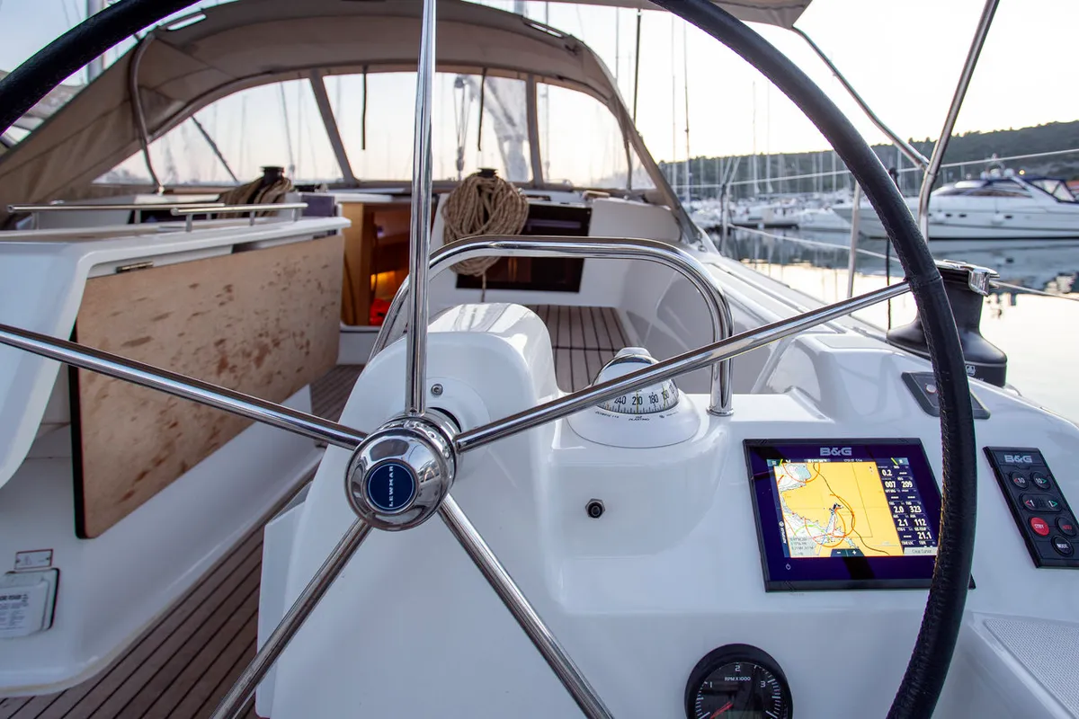Cockpit of Sea Cloud 2, a Dufour 412 GL sailboat at Grad Pula, Croatia