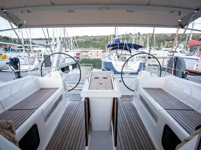 Cockpit of Sea Cloud 2, a Dufour 412 GL sailboat at Grad Pula, Croatia
