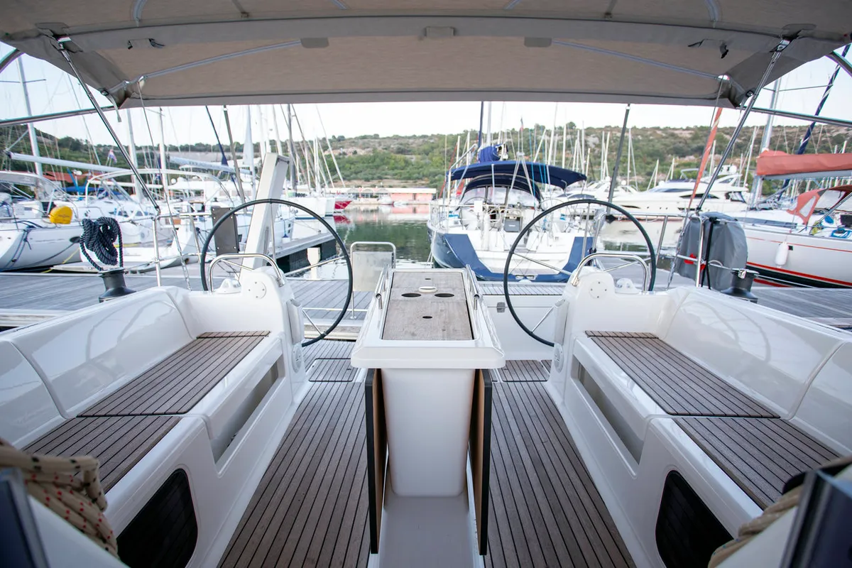 Cockpit of Sea Cloud 2, a Dufour 412 GL sailboat at Grad Pula, Croatia