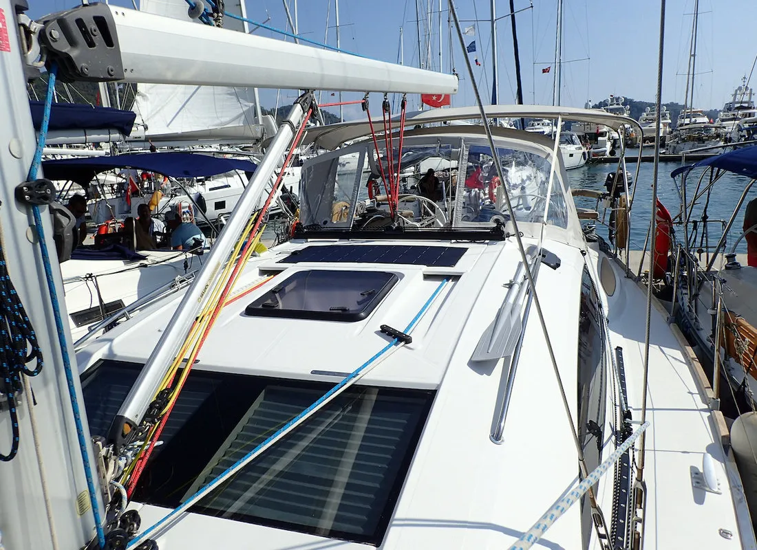 Deck of Moon Shadow, a Elan 444 Impression sailboat at Fethiye, Turkey