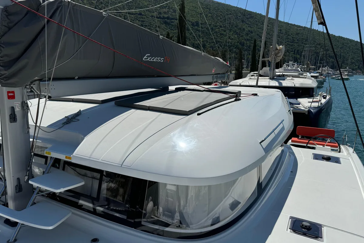 Deck of Blue Kiss, a Excess 14 catamaran at Dubrovnik, Croatia