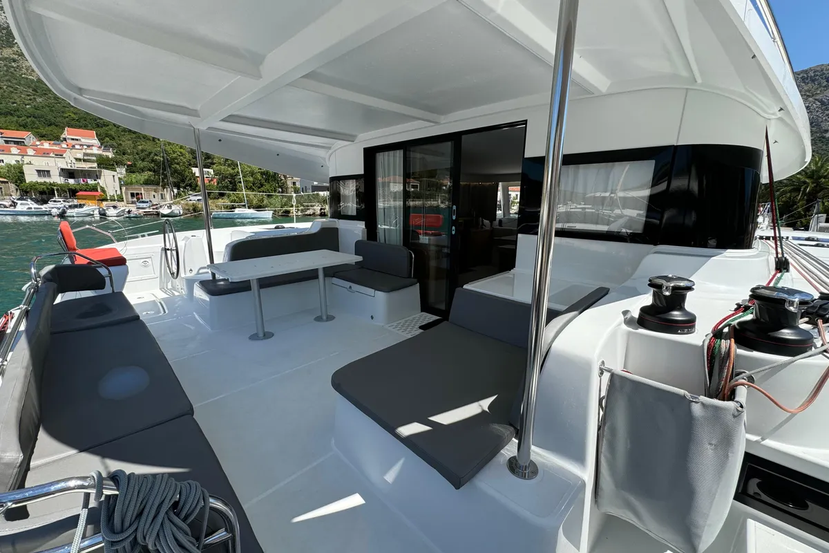 Deck of Blue Kiss, a Excess 14 catamaran at Dubrovnik, Croatia