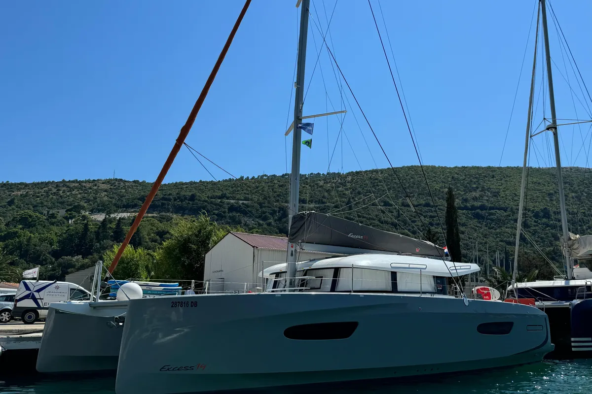 Exterior view of Blue Kiss, a Excess 14 catamaran at Dubrovnik, Croatia