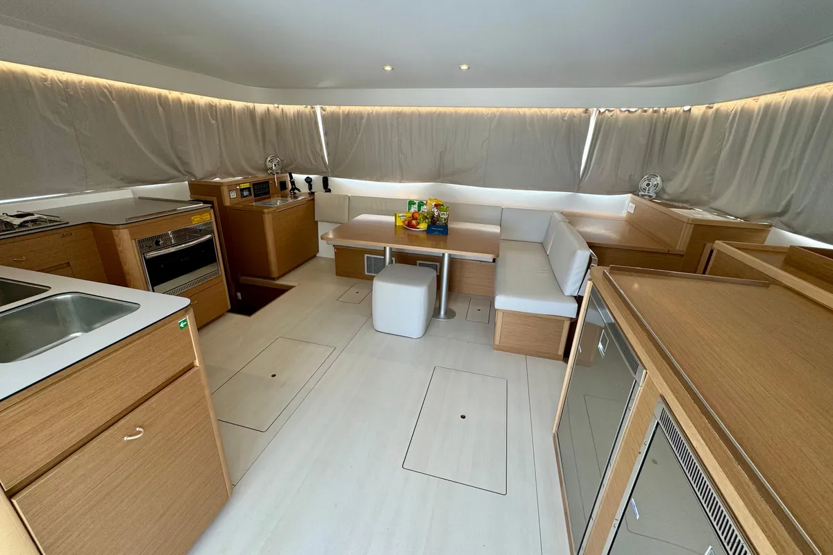 Salon of Blue Kiss, a Excess 14 catamaran at Dubrovnik, Croatia