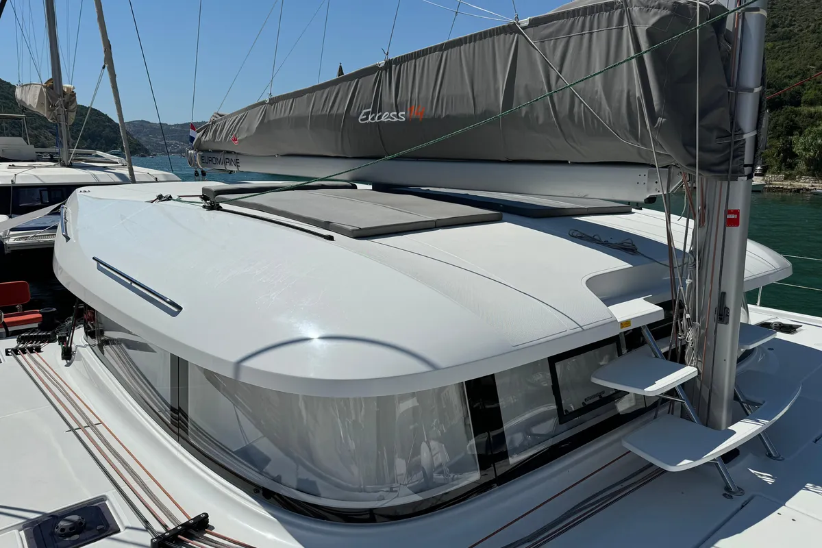 Deck of Blue Kiss, a Excess 14 catamaran at Dubrovnik, Croatia
