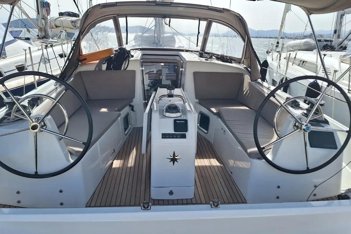 Cockpit of Iliada, a Jeanneau Sun Odyssey 410 sailboat at Palairos, Greece