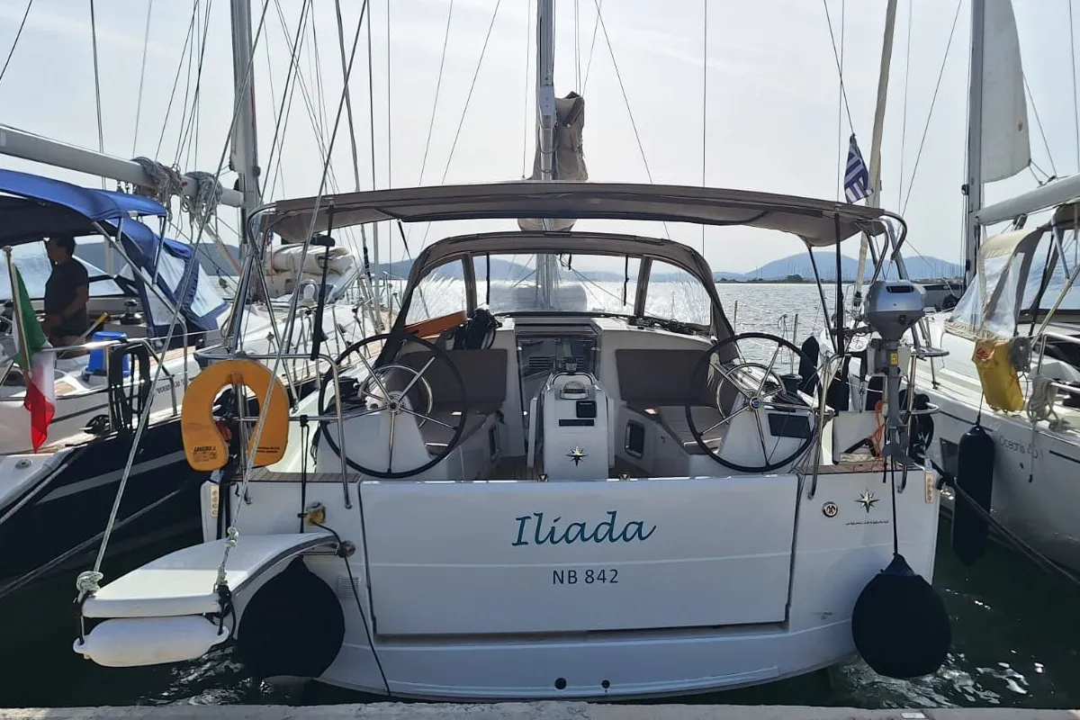 Exterior view of Iliada, a Jeanneau Sun Odyssey 410 sailboat at Palairos, Greece