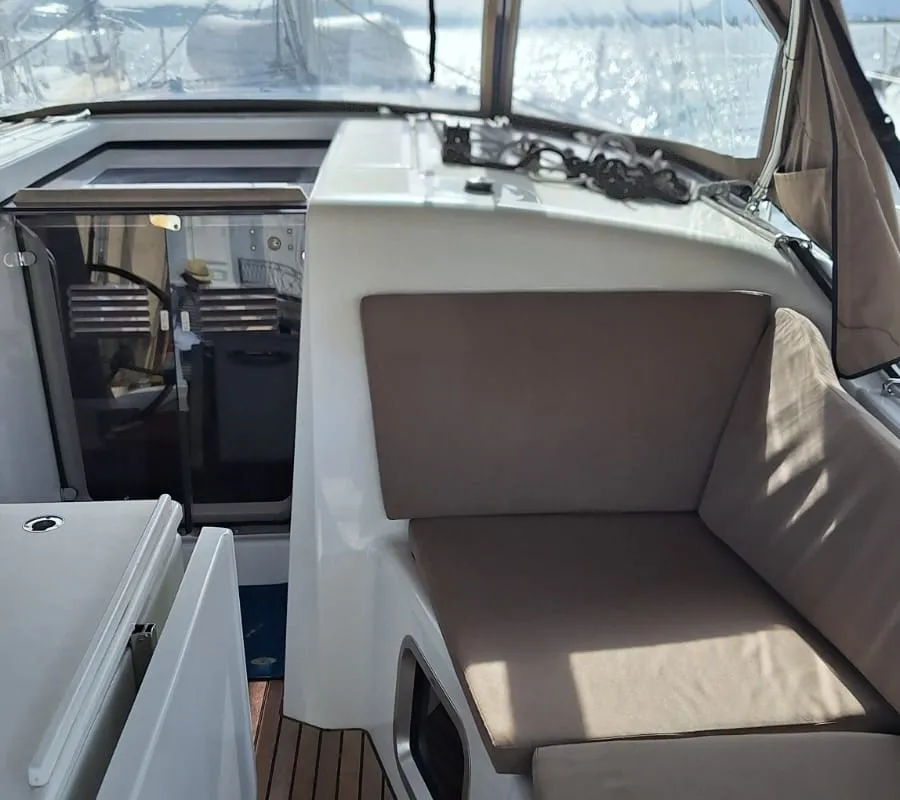 Cockpit of Iliada, a Jeanneau Sun Odyssey 410 sailboat at Palairos, Greece
