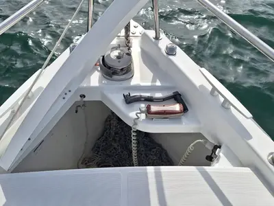 Deck of Iliada, a Jeanneau Sun Odyssey 410 sailboat at Palairos, Greece