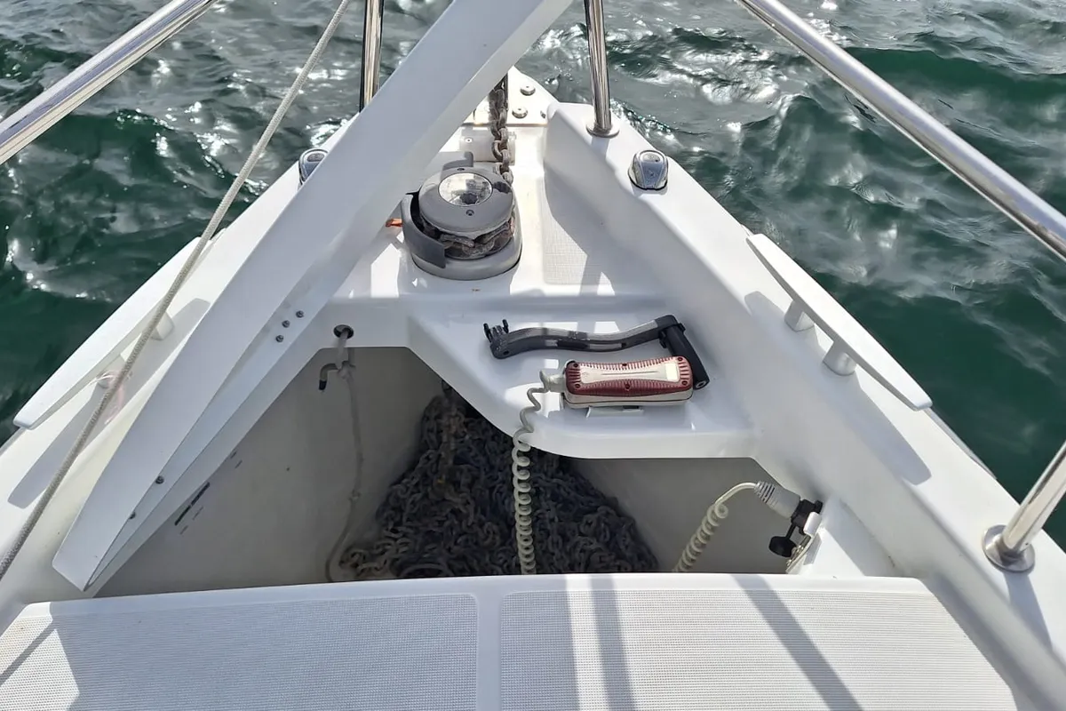 Deck of Iliada, a Jeanneau Sun Odyssey 410 sailboat at Palairos, Greece