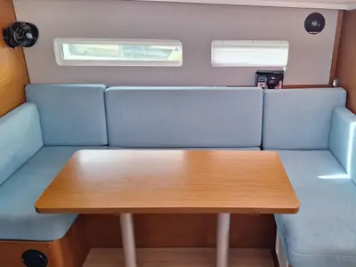 Salon of Iliada, a Jeanneau Sun Odyssey 410 sailboat at Palairos, Greece
