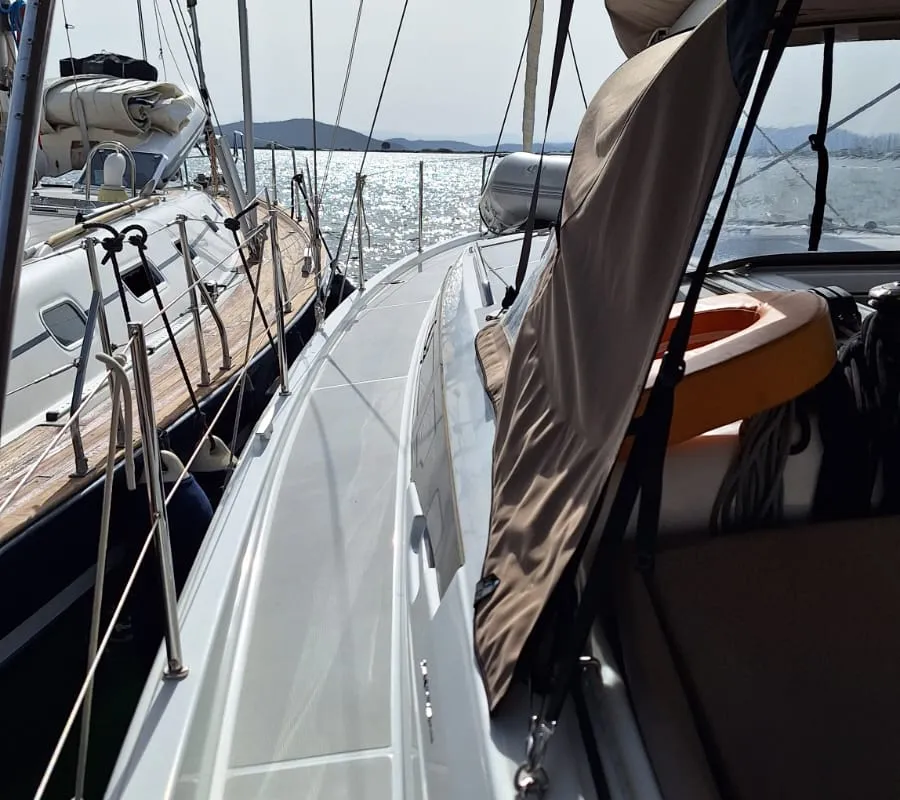Deck of Iliada, a Jeanneau Sun Odyssey 410 sailboat at Palairos, Greece