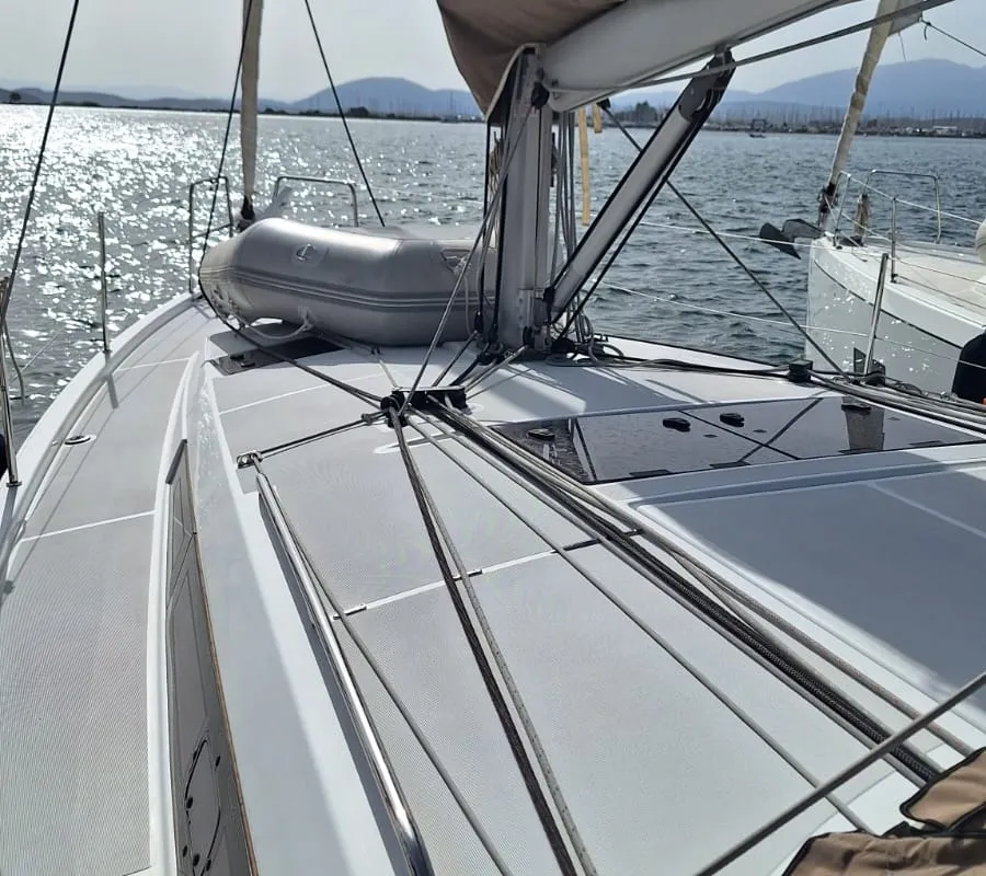 Deck of Iliada, a Jeanneau Sun Odyssey 410 sailboat at Palairos, Greece