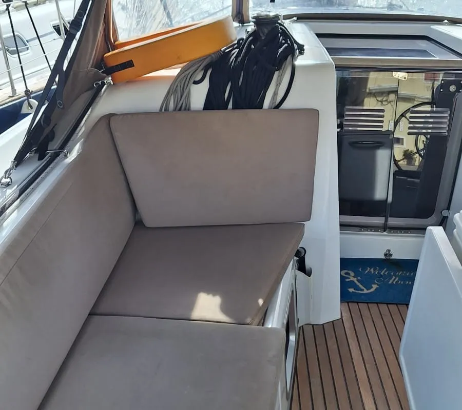 Cockpit of Iliada, a Jeanneau Sun Odyssey 410 sailboat at Palairos, Greece