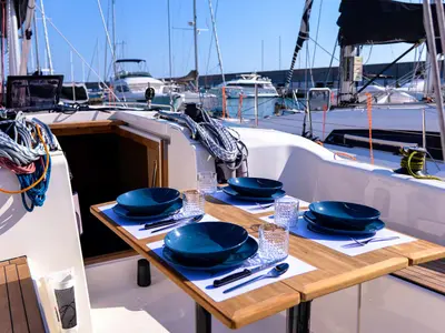 Deck of Larthia, a More 40 sailboat at Piombino, Italy