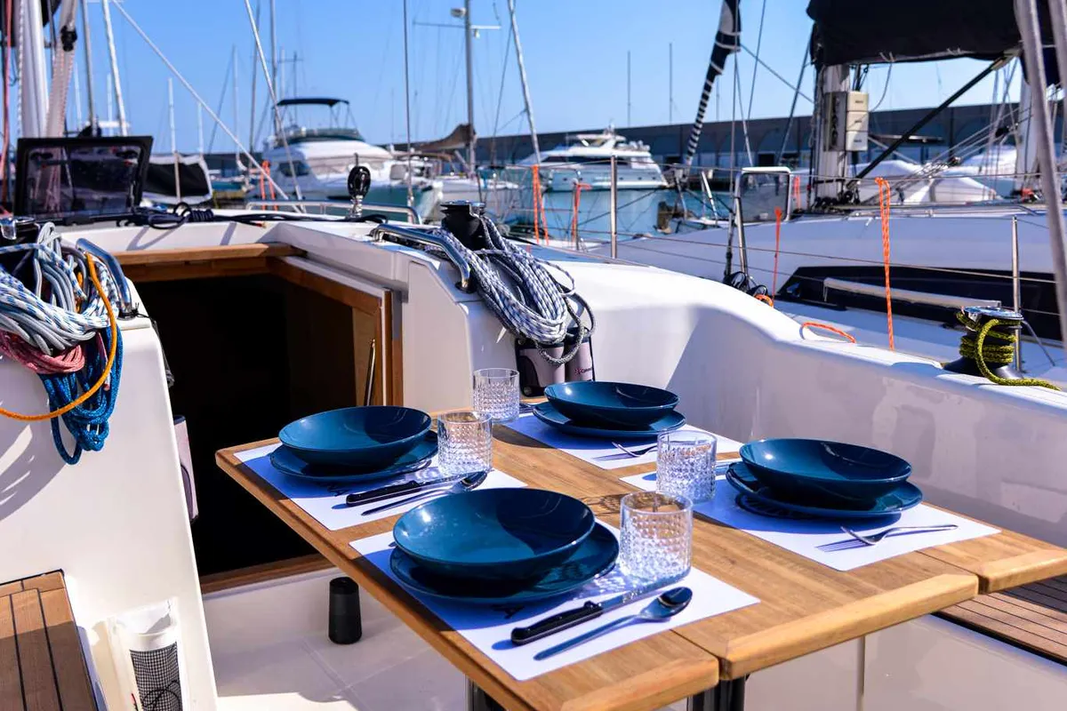 Deck of Larthia, a More 40 sailboat at Piombino, Italy
