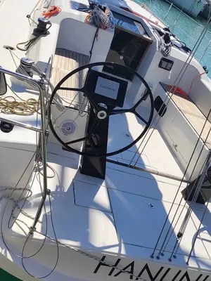 Cockpit of Larthia, a More 40 sailboat at Piombino, Italy