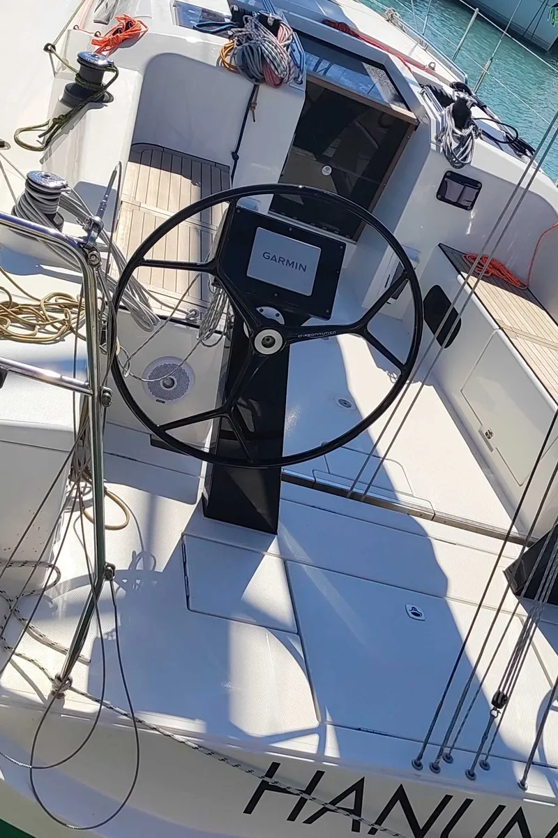 Cockpit of Larthia, a More 40 sailboat at Piombino, Italy