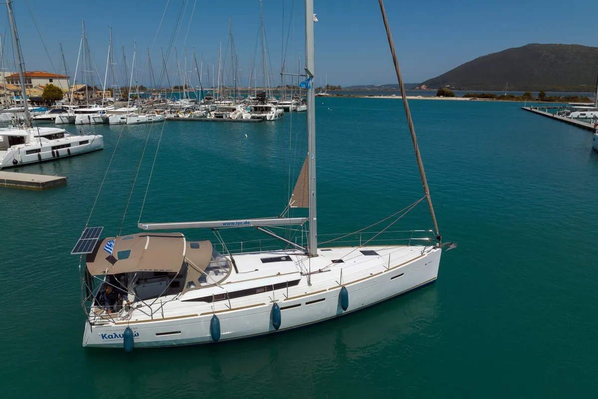 Exterior view of Kalypso, a Jeanneau Sun Odyssey 439 sailboat at Municipal Unit of Lefkada, Greece