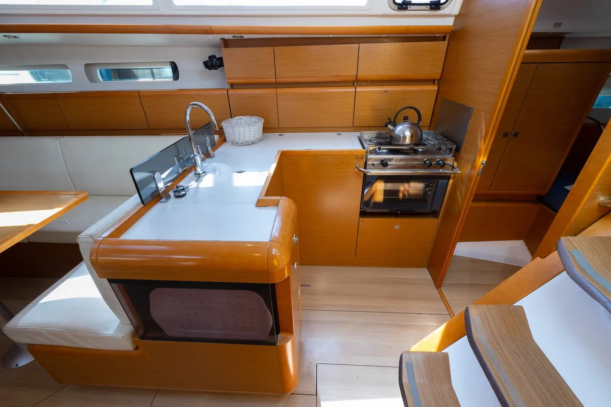 Galley of Kalypso, a Jeanneau Sun Odyssey 439 sailboat at Municipal Unit of Lefkada, Greece