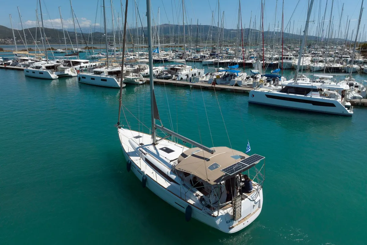 Exterior view of Kalypso, a Jeanneau Sun Odyssey 439 sailboat at Municipal Unit of Lefkada, Greece