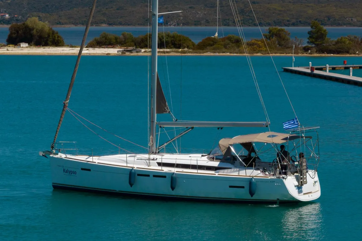 Exterior view of Kalypso, a Jeanneau Sun Odyssey 439 sailboat at Municipal Unit of Lefkada, Greece