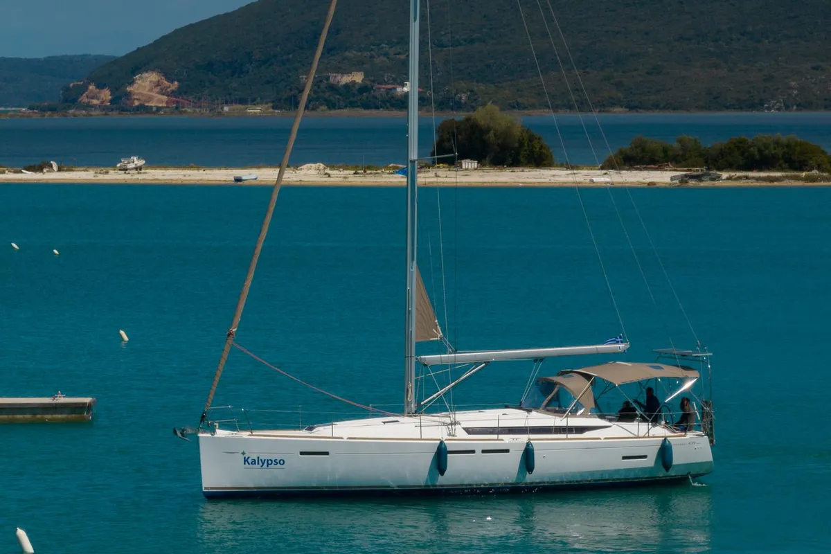 Exterior view of Kalypso, a Jeanneau Sun Odyssey 439 sailboat at Municipal Unit of Lefkada, Greece