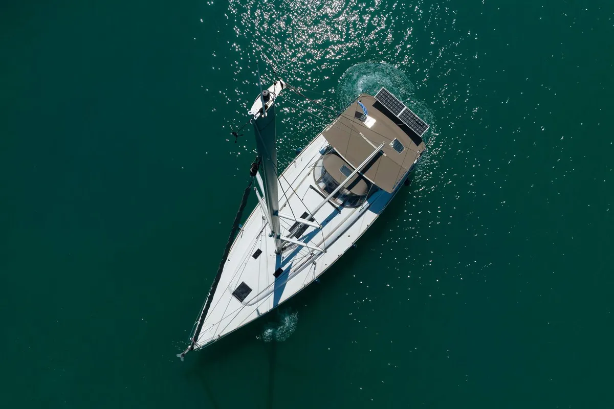 Exterior view of Kalypso, a Jeanneau Sun Odyssey 439 sailboat at Municipal Unit of Lefkada, Greece