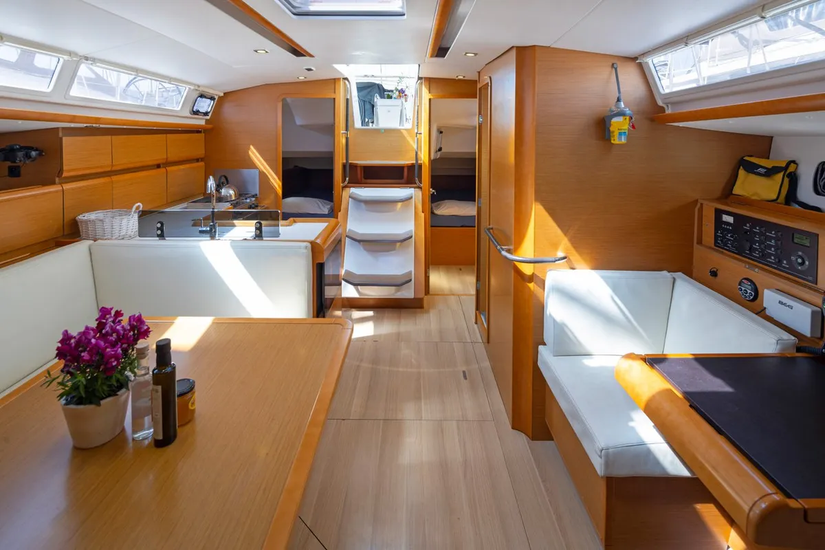 Salon of Kalypso, a Jeanneau Sun Odyssey 439 sailboat at Municipal Unit of Lefkada, Greece
