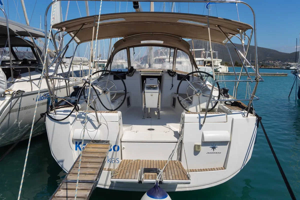 Cockpit of Kalypso, a Jeanneau Sun Odyssey 439 sailboat at Municipal Unit of Lefkada, Greece