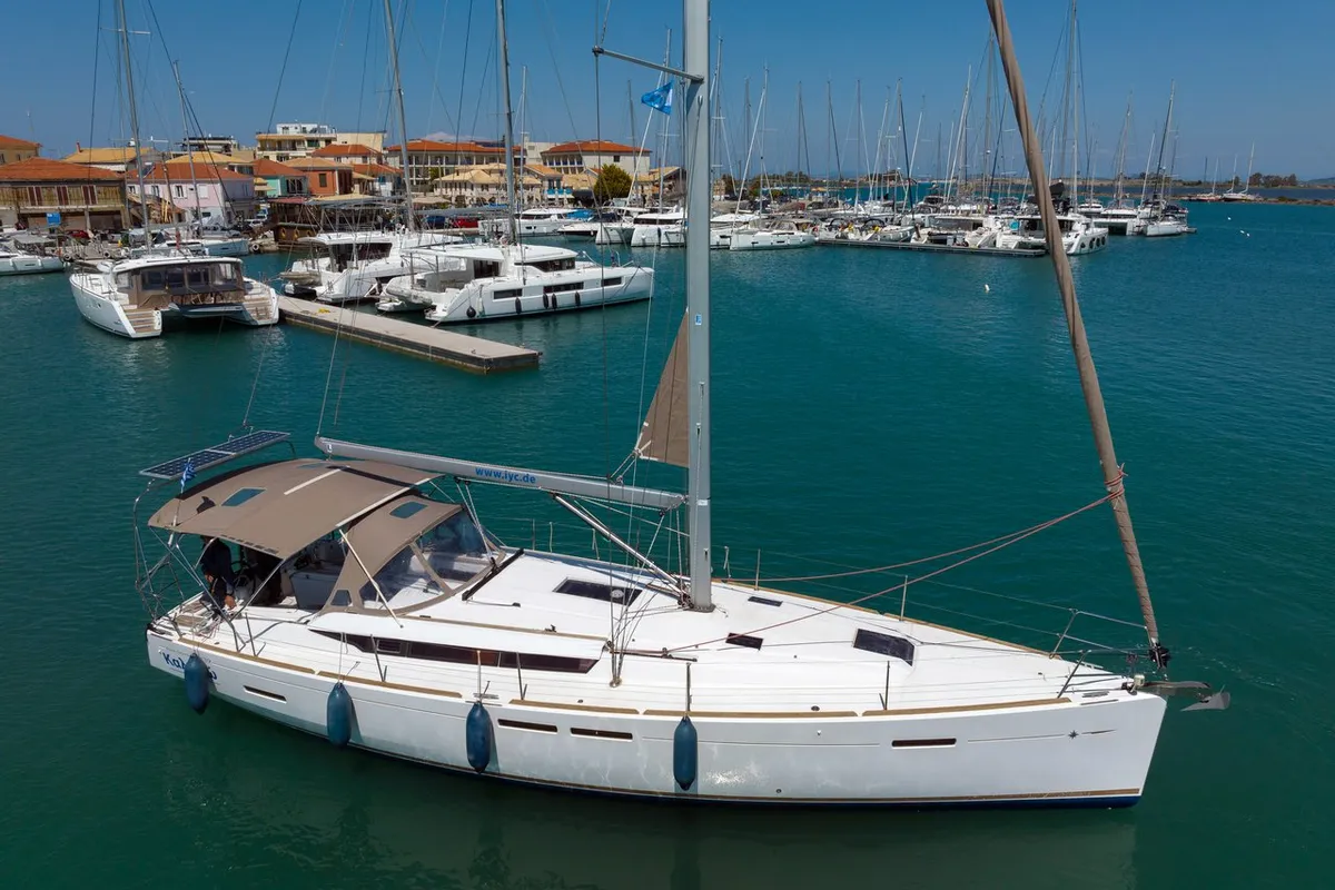 Exterior view of Kalypso, a Jeanneau Sun Odyssey 439 sailboat at Municipal Unit of Lefkada, Greece