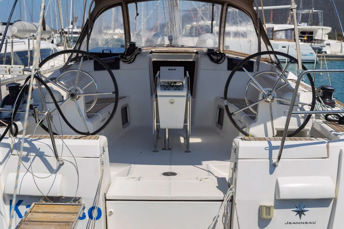 Cockpit of Kalypso, a Jeanneau Sun Odyssey 439 sailboat at Municipal Unit of Lefkada, Greece