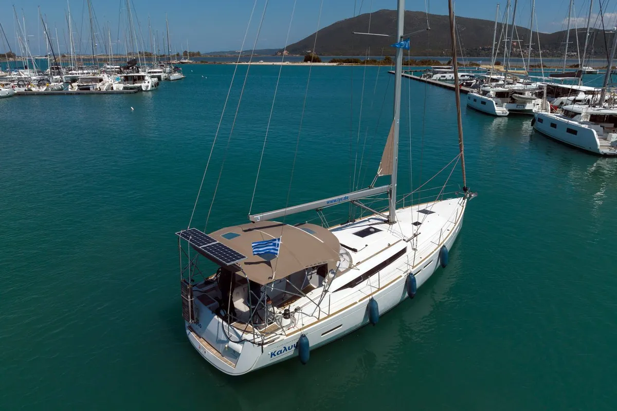 Exterior view of Kalypso, a Jeanneau Sun Odyssey 439 sailboat at Municipal Unit of Lefkada, Greece