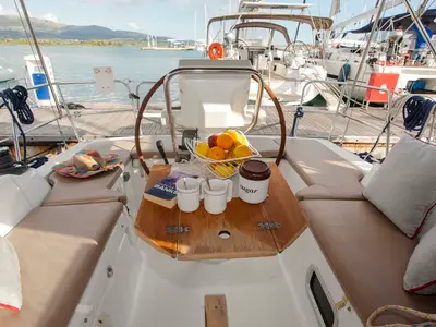 Cockpit of Moody Blues, a Beneteau Oceanis 31 sailboat at Municipal Unit of Lefkada, Greece