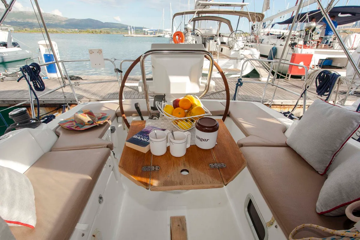Cockpit of Moody Blues, a Beneteau Oceanis 31 sailboat at Municipal Unit of Lefkada, Greece