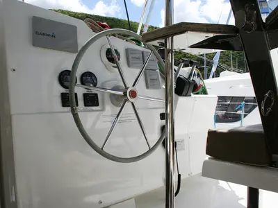 Cockpit of Admira, a Fountaine Pajot Lucia 40 catamaran at Seget Donji, Croatia