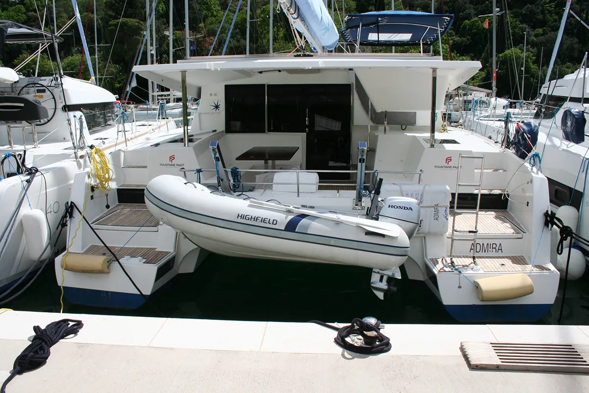 Exterior view of Admira, a Fountaine Pajot Lucia 40 catamaran at Seget Donji, Croatia