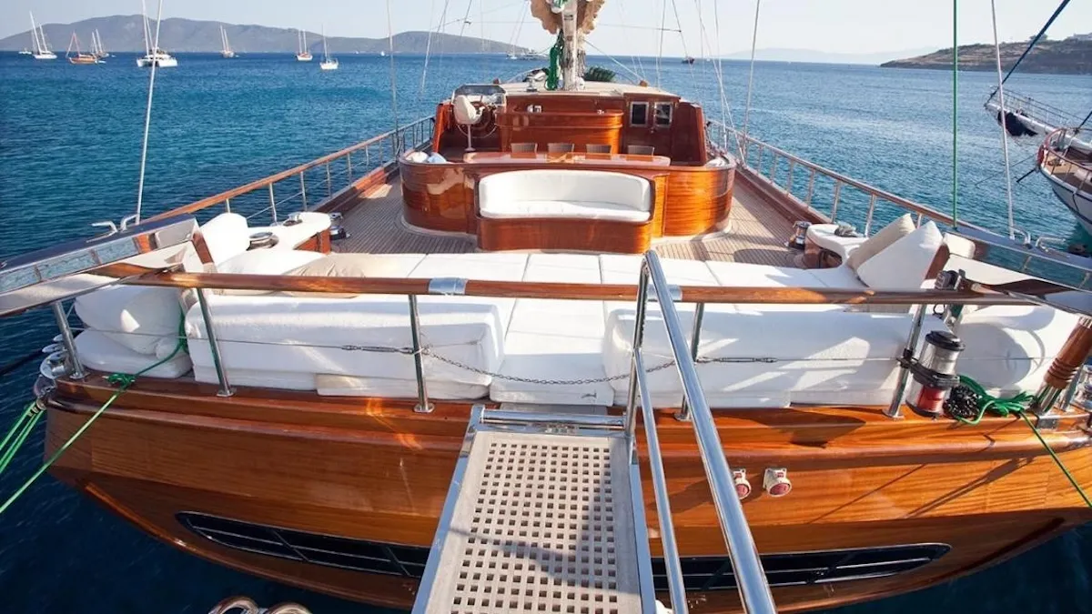 Deck of Gulet Custom built 183, a sailboat at Bodrum, Turkey
