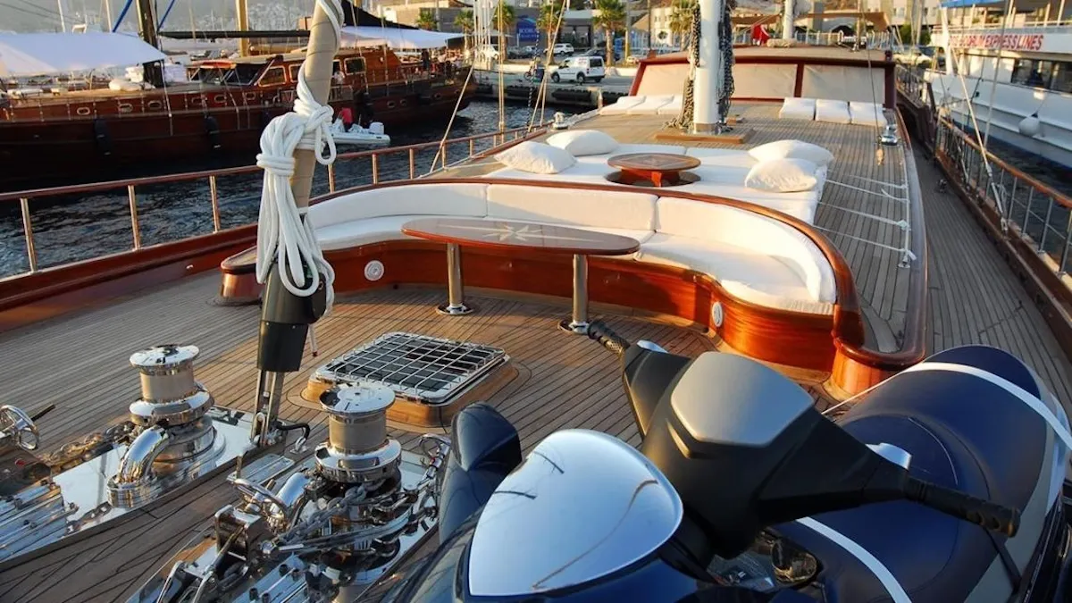 Deck of Gulet Custom built 183, a sailboat at Bodrum, Turkey