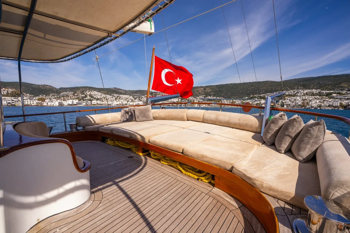 Deck of Gulet Custom built 183, a sailboat at Bodrum, Turkey