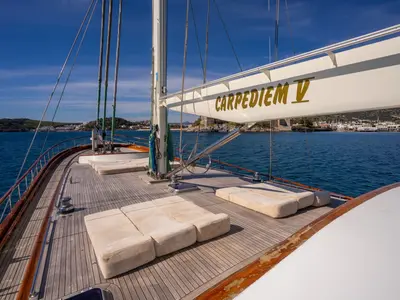 Deck of Gulet Custom built 183, a sailboat at Bodrum, Turkey