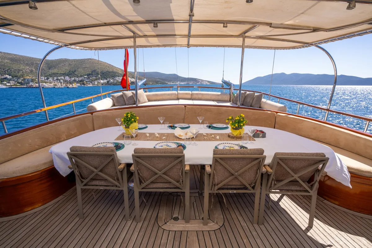 Deck of Gulet Custom built 183, a sailboat at Bodrum, Turkey
