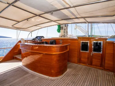 Cockpit of Gulet Custom built 183, a sailboat at Bodrum, Turkey