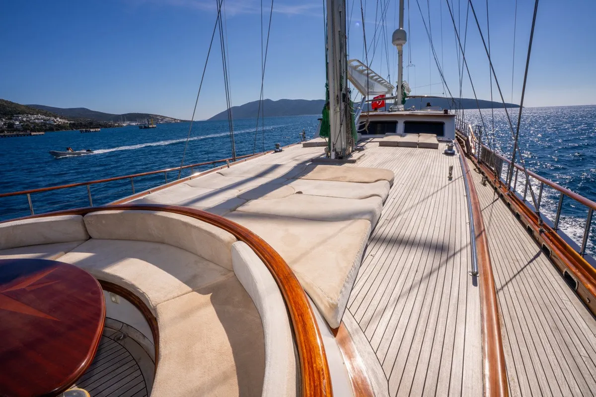 Deck of Gulet Custom built 183, a sailboat at Bodrum, Turkey