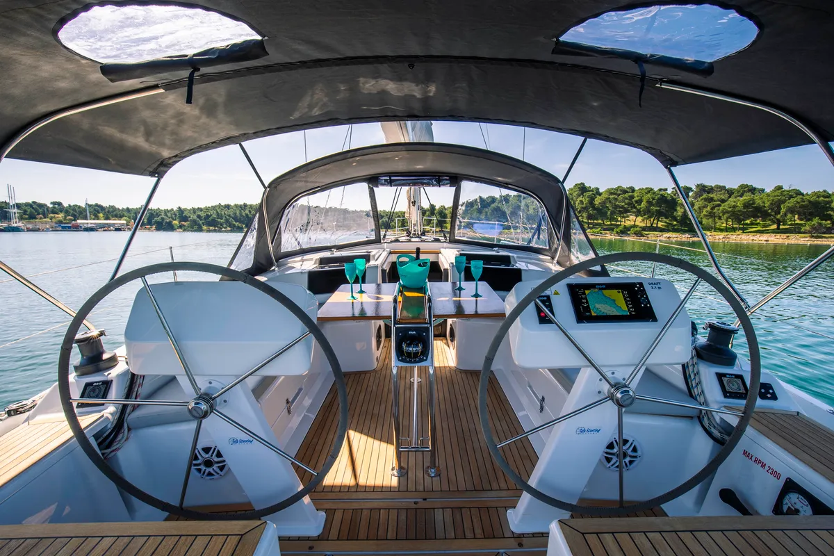 Cockpit of Big Blue, a Hanse 458 sailboat at Grad Šibenik, Croatia