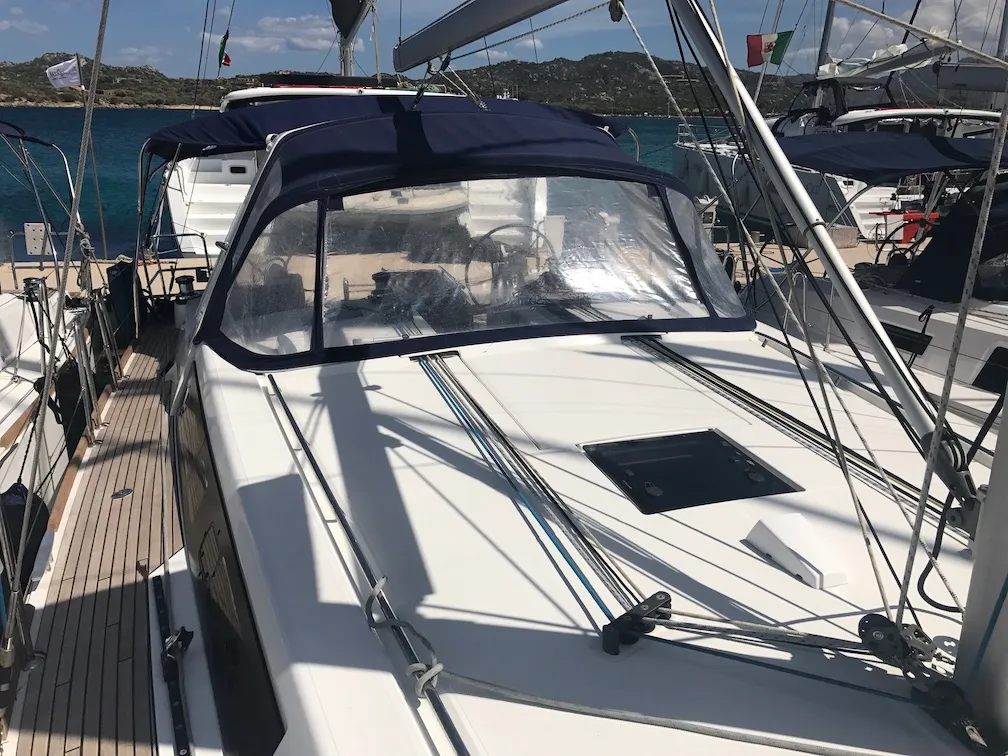 Deck of Alnair, a Beneteau Oceanis 45 sailboat at Tonnarella, Italy