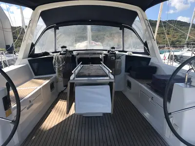 Cockpit of Alnair, a Beneteau Oceanis 45 sailboat at Tonnarella, Italy