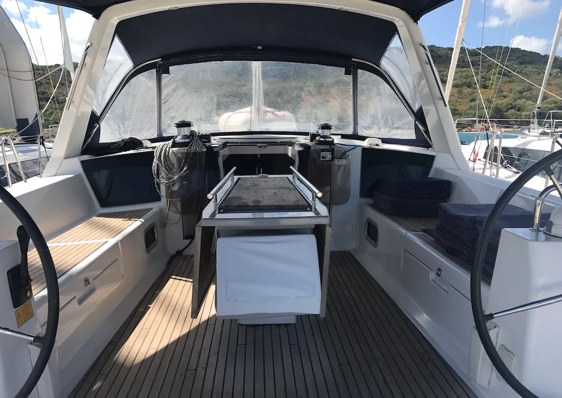 Cockpit of Alnair, a Beneteau Oceanis 45 sailboat at Tonnarella, Italy