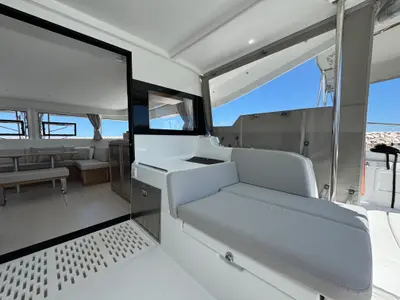 Deck of Matì, a Excess 14 catamaran at Rodi Garganico, Italy