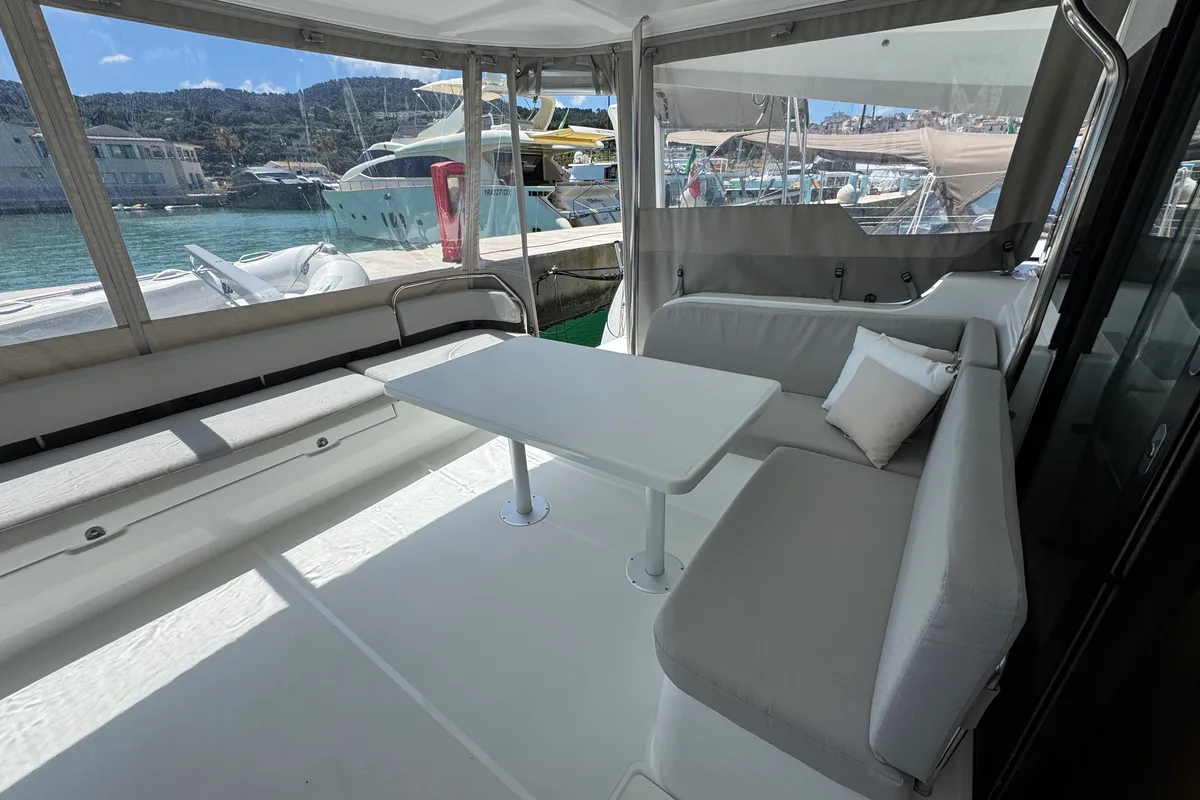 Deck of Matì, a Excess 14 catamaran at Rodi Garganico, Italy
